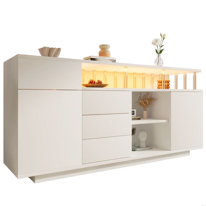 Buffet blanc 160 x 40 x 75 cm en MDF et acrylique 4 tiroirs 2 portes LED étagères réglables meuble de rangement bas