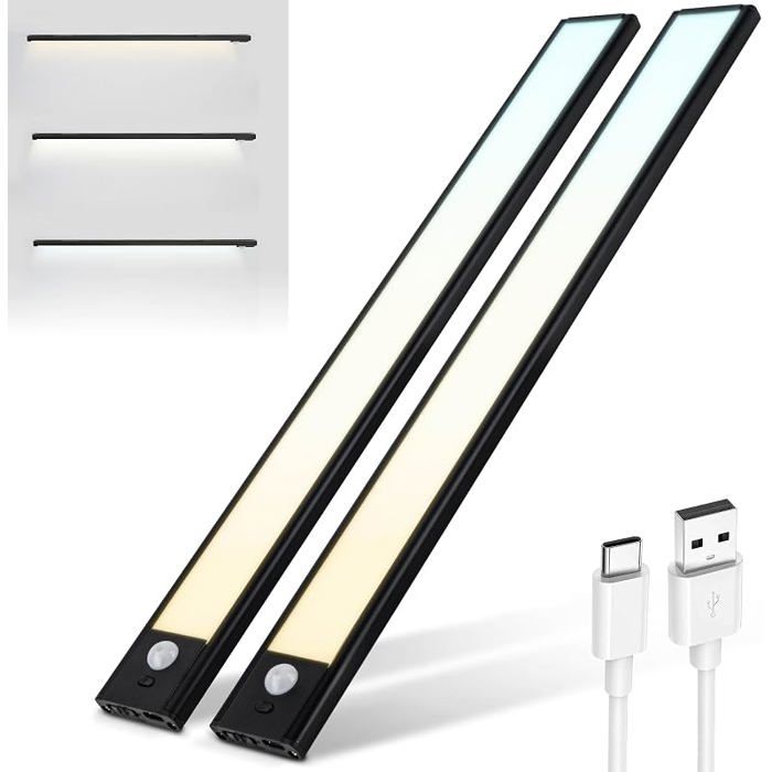 Armoire Detecteur Mouvement Reglette LED Rechargeable USB C 3 Températures de Couleur Dressing Lampe 2 pièce 40 ECLAIRAGE DE MEUBLE