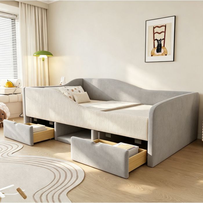 Lit enfant rembourré 90x190 gris en velours avec 2 tiroirs de rangement barrières de sécurité sans matelas JOINERY