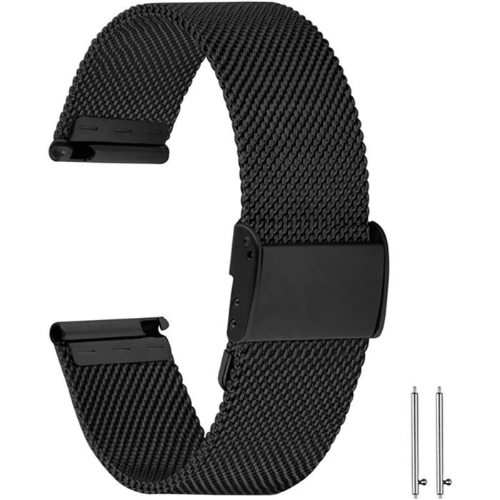 bracelet de Montre 20mm pour Montre connectée Smartwatch universelle Métal Acier Maille Bracelets de rechange de à libération(Noir)