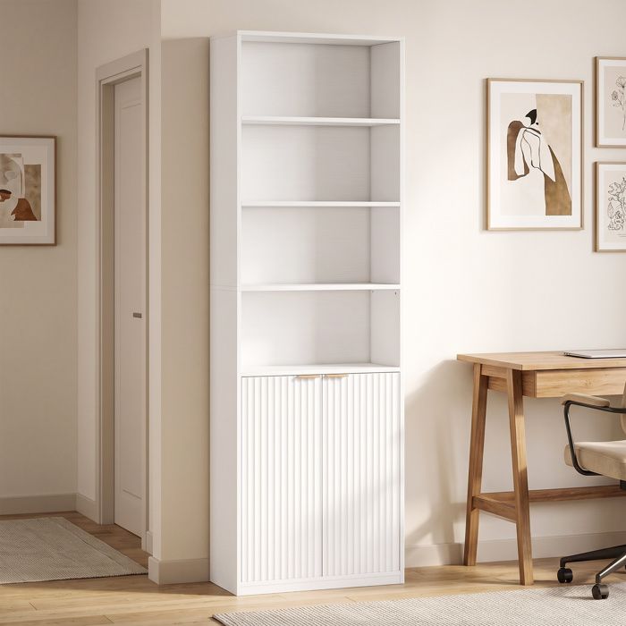 Bibliothèque à 6 Niveaux Meuble de Rangement 60 x 24 x 182 cm avec 4 Compartiments Ouverts et 2 Portes Blanc