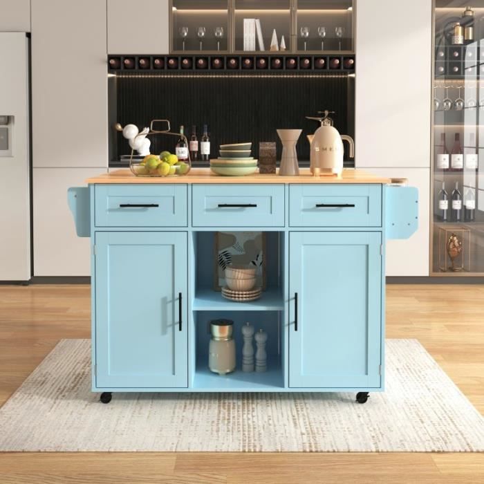 Desserte de cuisine - Style industriel - Bleu - 3 tiroirs - Rallonge pliable