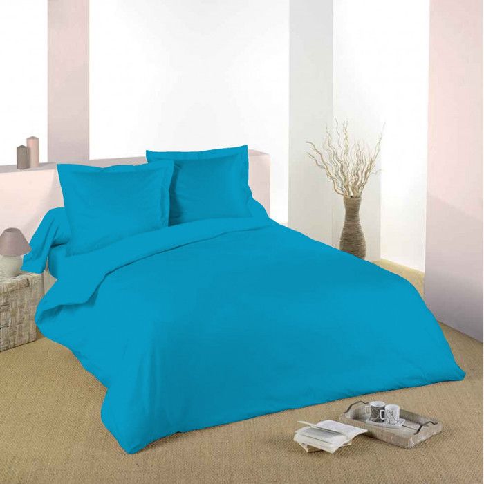 Turquoise Parure de Couette Coton Floral 220 x 240 cm
