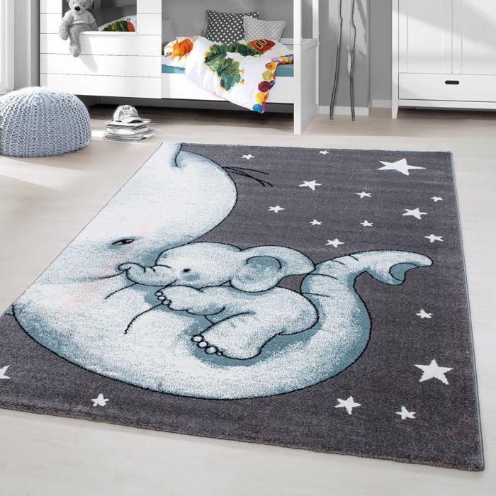 Tapis Pour Chambre D Enfant Ou Bebe Avec Elephant Gris Bleu 80x150 Cm Cdiscount Maison