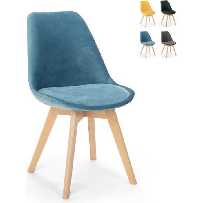 Chaise design scandinave en bois de velours avec coussin pour cuisine bar restaurant Dolphin Lux, Couleur: Bleu