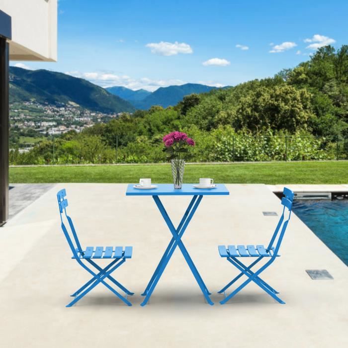 Table bistrot de jardin YYIXING® + 2 chaises pliantes - Bleu - Acier