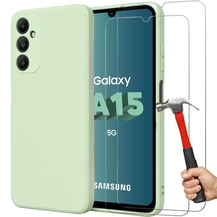 Coque et 2 Verres Trempés pour Samsung Galaxy A15 5G-4G - Protection Silicone Liquide Vert Mat Anti-Rayures