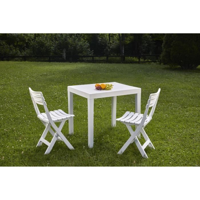 Dmora Set salon d’extérieur Ortisei, Salon de jardin composé de 1 table rectangulaire et de 2 chaises pliantes, Blanc