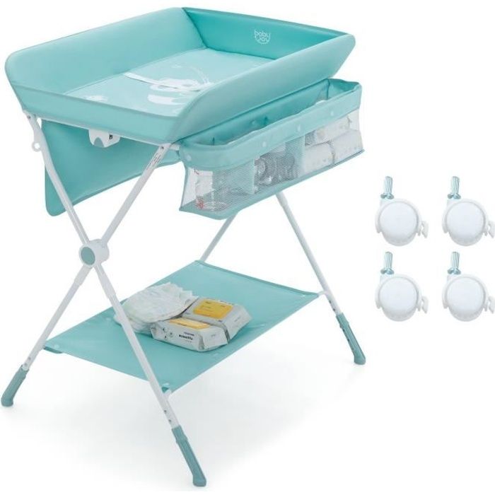 Table à Langer Mobile Pliable - 5 Hauteurs Réglables (62-90 Cm) Avec Panier Rangement - Pour Nouveau-nés Et Bébés - Vert