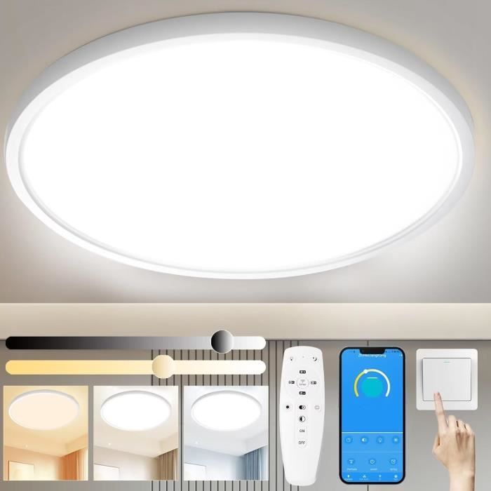 Plafonnier LED HABOWN 24W Dimmable - Avec Télécommande, 3000K-6500K, Carré Ultra Mince, Pour Chambre/Cuisine