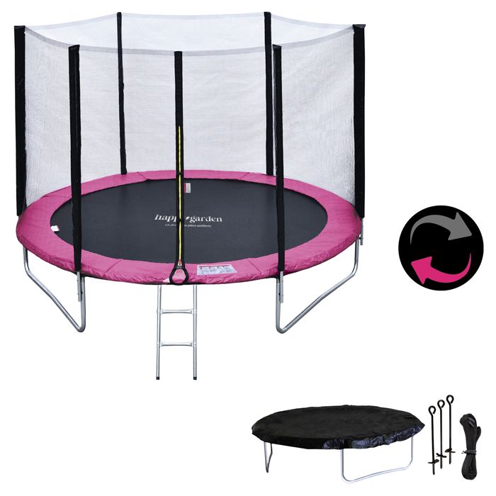 Pack Premium Trampoline 245cm réversible rose / gris CANBERRA + filet échelle bâche et kit dancr