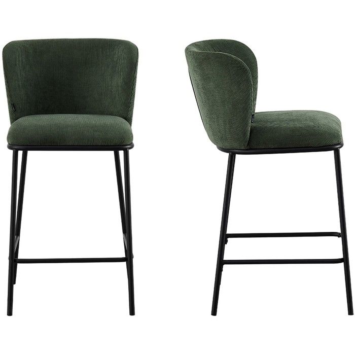 Lot de 2 tabourets de bar en velours côtelé vert kaki piètement noir - Toma Lot de 2 tabourets de bar en velours côtelé vert kaki piètement noir - Toma