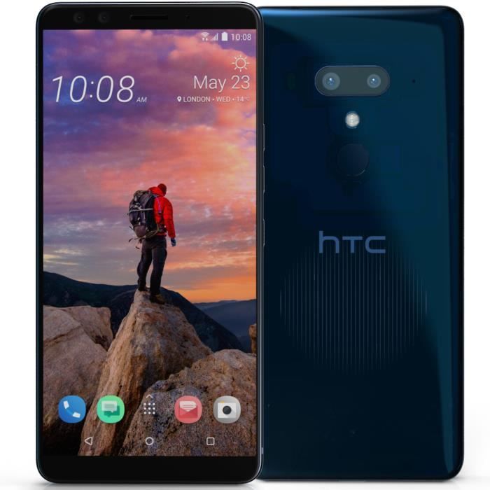 Achat T&eacute;l&eacute;phone portable HTC U12+ - Double SIM - 64 Go - Bleu transparent pas cher