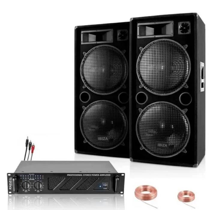 Pack Sono Ibiza Sound 3960W Total - 2 Enceintes 1500W - Ampli ventilé 960W - Câbles - Animation - Mariage - Baptême - Soirée