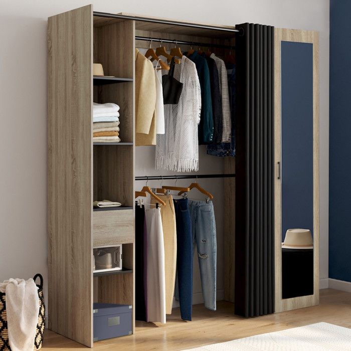 IDMARKET Dressing extensible MERYL 145/170 x 50 x 180 cm hêtre avec étagères + double penderie + miroir + rideau noir