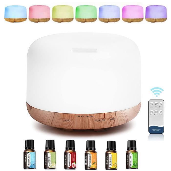 Diffuseur dHuiles Essentielles 500ML Humidificateur avec 7 Couleurs LEDTimer et ContrôleDiffuseur avec 6 Huiles Essentielles