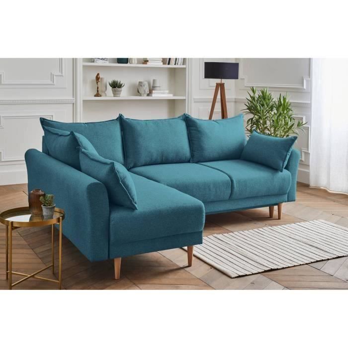 hanne canape d angle convertible scandinave avec coffre 4 places gauche couleur bleu canard cdiscount maison