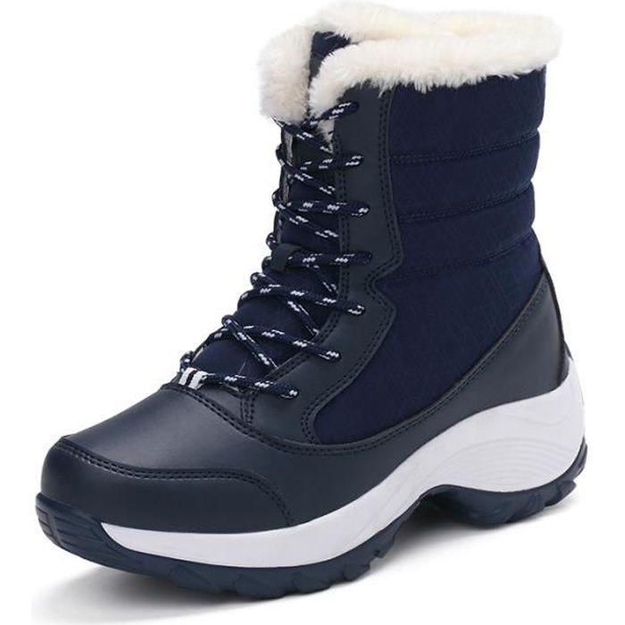 Bottes de neige femme - Mode d'hiver - Bleu - Cuir - Lacets - Haute