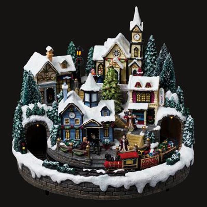 Decoration Village de Noel Lumineux et Anime Cadeaux de Train pour Enfants Train Électrique de Noël Jouet Train Avec Son et Lumière 