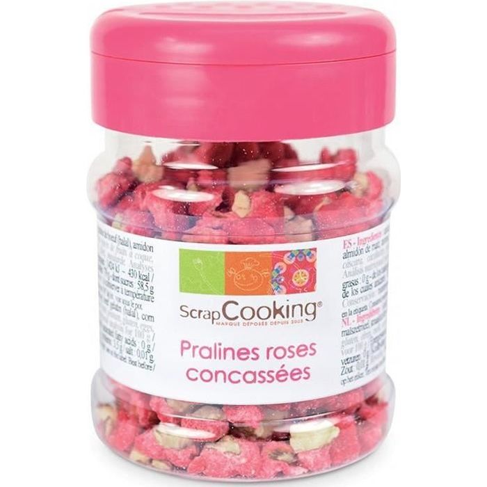 Pot de pralines roses concassées de 145g à utiliser dans toutes vos pâtisseries.