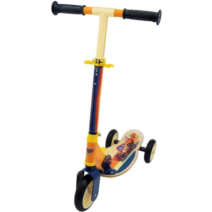 Patinette pliable Smoby Cars - 3 roues silencieuses - plateau bois - Jaune et Multicolore