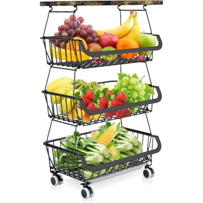 Panier étagère Sur Roulettes Corbeille à Fruits 4 Niveaux Avec Plateau - Chariot De Rangement Métallique Sur Roulettes, Noir, Dimensions 40x30x72 Cm Panier De Rangement Sur Roulettes Multifonction