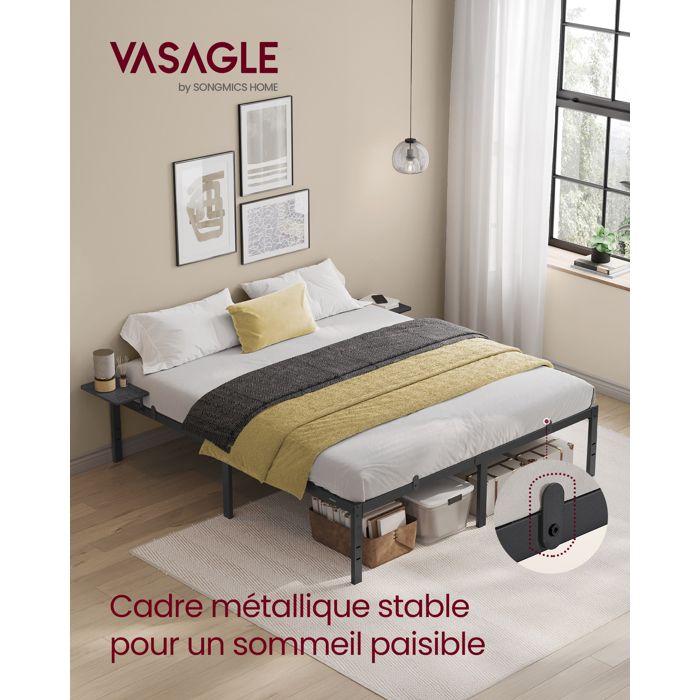 VASAGLE Lit 160 x 200 cm Cadre de Lit en Métal avec Étagères de Rangement Lit Double Lit Adolescent Noir Classique