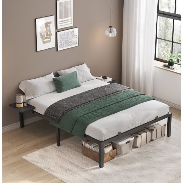 vasagle lit double, 160 x 200 cm, cadre de lit en métal avec étagères de rangement, lit adolescent, noir classique