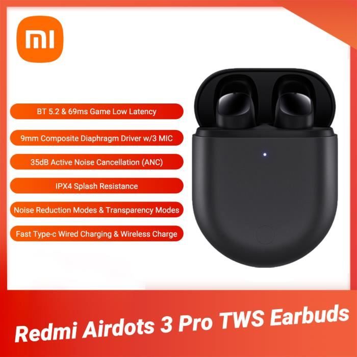 Xiaomi Redmi AirDots 3 Pro BT5.2 TWS couteurs Faible Latence Sans Fil Charge IPX4 Casque tanche pour iOS Android Noir