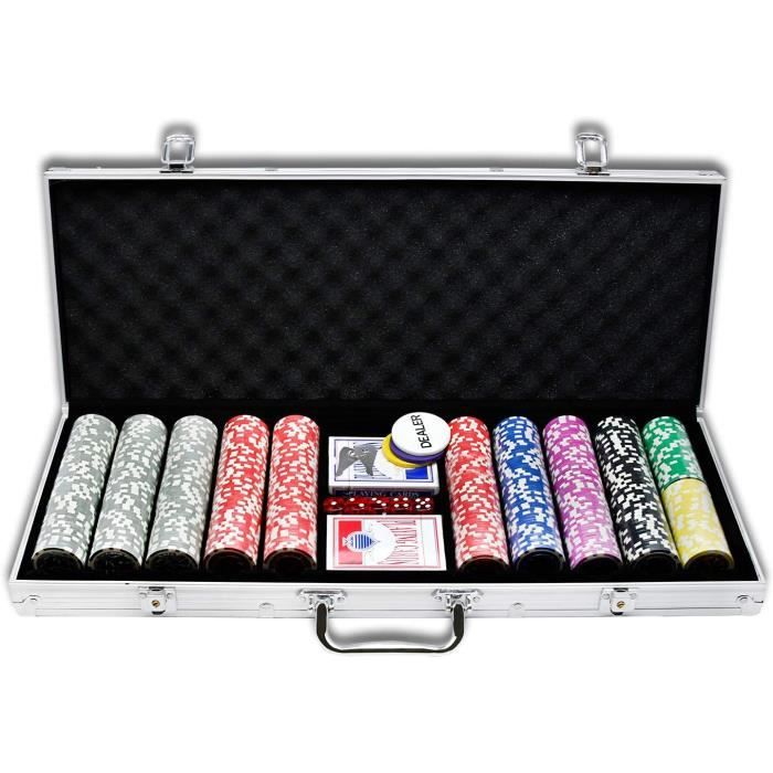 JNGLGO Mallette Poker 500 Jetons – Avec 2 Jeux De Cartes, 5 Dés, Bouton Dealer – Coffret Aluminium Verrouillable – Qualité Casino