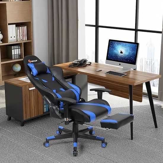 Chaise Gaming Ergonomique Avec Massage Lombaire Et Repose-Pieds - Dossier Inclinable 135°, Accoudoirs Rembourrés