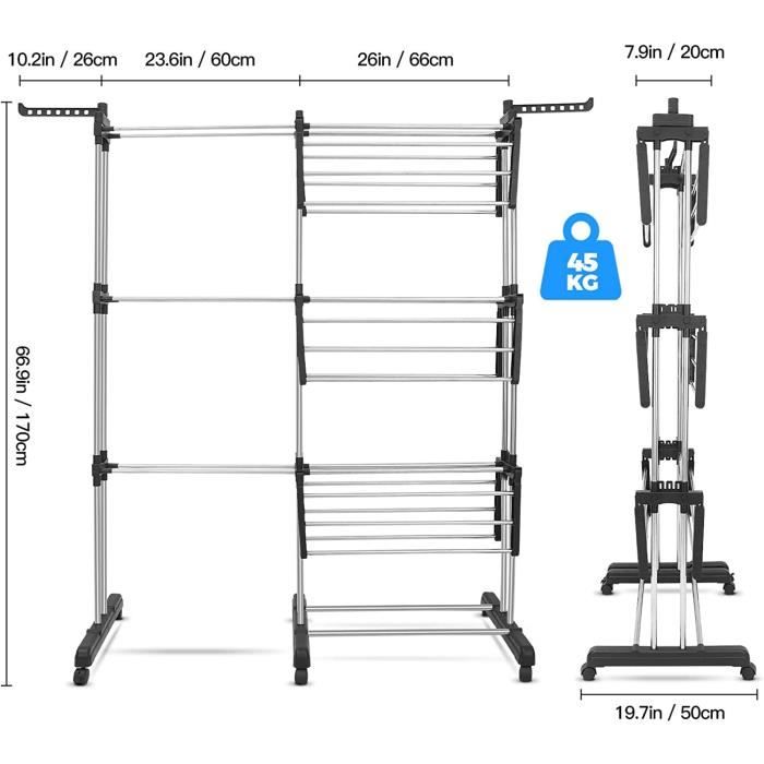 MENGDA Etendoir avec Ailes Pliantes 3 Niveaux Sechoir a Linge Pliable