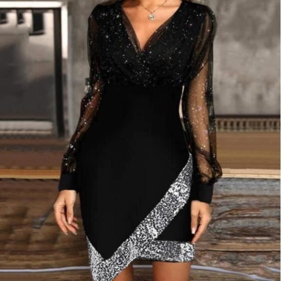 Robe Tunique Femme Dentelle Elegante Soiree Cocktail Col V Manches Longues Noir Cdiscount Pret a Porter