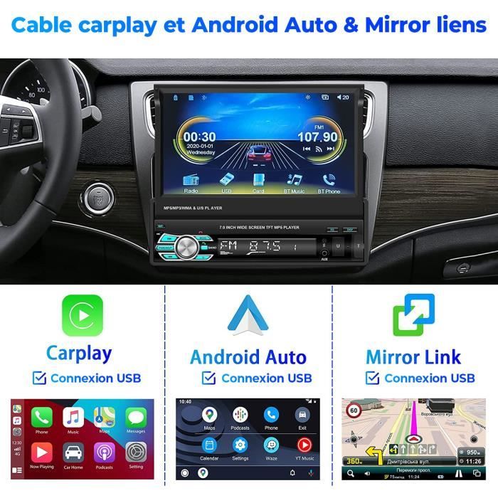 Autoradio bluetooth 1Din carplay voiture Android Auto 7 Pouces