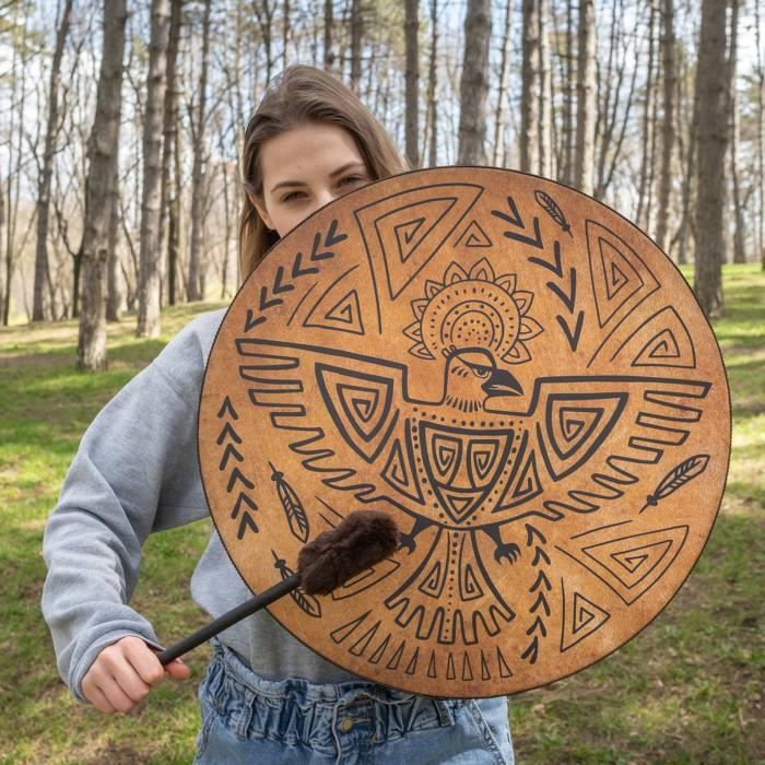 Tambour Chaman Sibérien Fait Main - Cuir Et Bois, Motif Arbre De Vie - Avec Baguette - Pour Méditation, Musique Spirituelle
