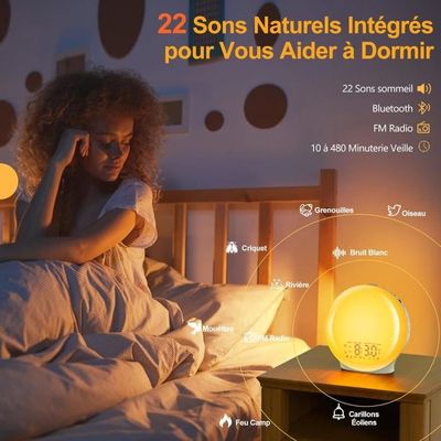 Réveil Enfant Simulateur Aube 11 Couleurs Réveil Simulateur Aube Enfants - 11 Couleurs, 10 Sons Naturels, Veilleuse Jour/nuit Alarme Lever Naturel