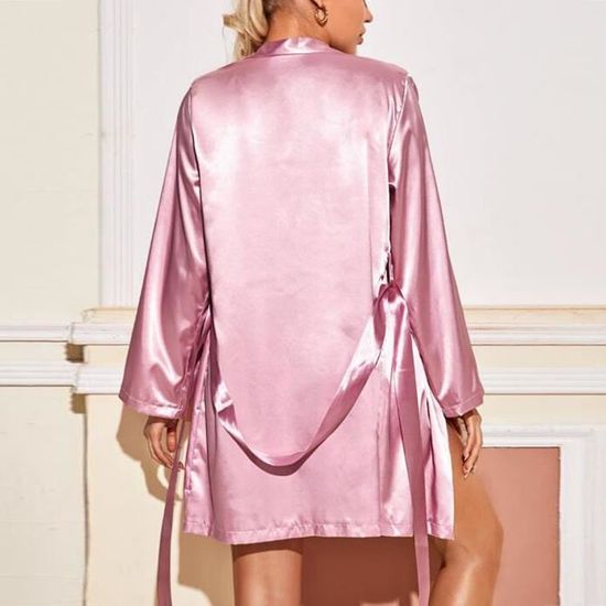 Sasaquoy Robe De Chambre Femmes Sexy Satin Pyjamas A Manches Longues Peignoir Avec Ceinture Lingerie Vetements Nuit Rose Rose Cdiscount Pret a Porter