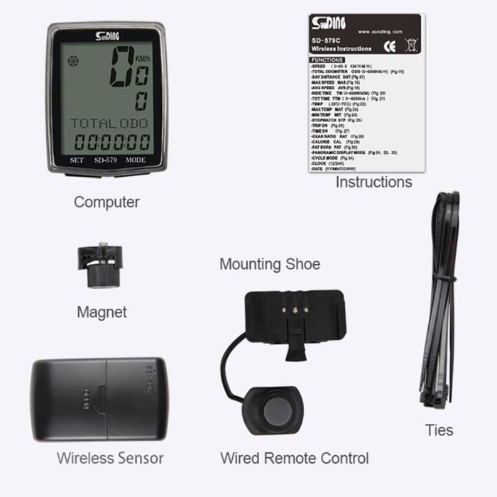 Compteur de velo sans fil Compteur kilometrique pour velo Compteur de calorie pour velo Compteur vitesse velo electrique Noir