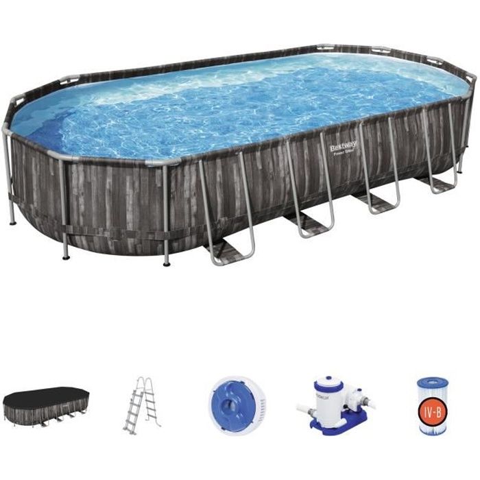 Kit Piscine hors sol tubulaire BESTWAY - Power Steel™ - 732 x 366 x 122 cm - Ovale (Pompe de filtration, échelle, bâche)