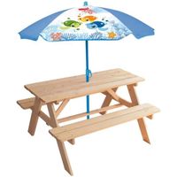 Mobilier de jardin - FUN HOUSE - Table pique-nique en bois Ma Petite Carapace H.53xL.95xP.100 cm avec parasol tortue H.125x100 cm