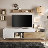 Meuble TV 240 cm Blanc brillant/Chêne naturel - PORTOFINO - L 241 x l 42 x H 67 cm
