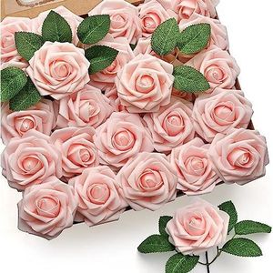 FLEUR ARTIFICIELLE 50pcs Roses Artificielles Rose Clair 8CM Roses Artificielles Avec Feuilles Bouquet De Décoration De Mariage