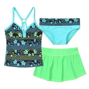 Ensemble 3 pièces maillot de bain et jupe - Turquoise/fleuri - ENFANT