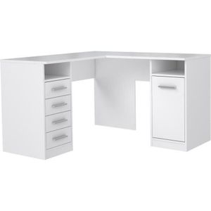 BUREAU  TOLEDE Bureau d'angle 1 porte 4 tiroirs - Décor papier blanc - L 125 x P 125 x H 75 cm