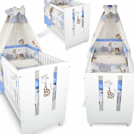 BB Berceau bebe lit bébé 120 x 60 cm avec Set de lit 9 pièces Girafe bleu 