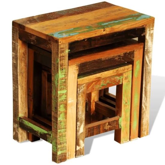Table basse gigogne vintage en bois de récupération - Chic - Lot de 3 - Marron - Bois massif - Style Vintage