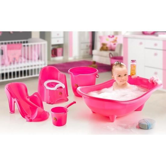 Ensemble baignoire avec accessoire de bain pour bébé – Rose/Blanc