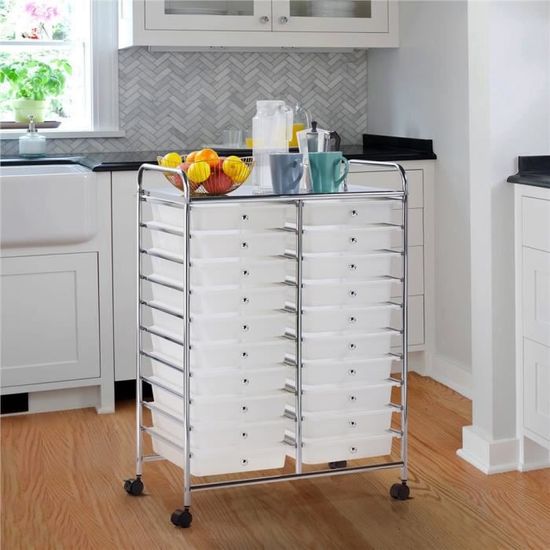 Chariot De Rangement 15 Tiroirs Avec Roulettes - Meuble Mobile Pour Salon, Cuisine Ou Bureau - Blanc