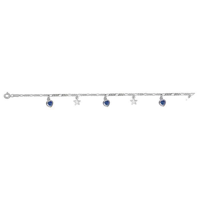 Chaîne de cheville en argent avec pampilles étoiles et coeurs en oxydes bleus foncés alternés - longueur 25cm