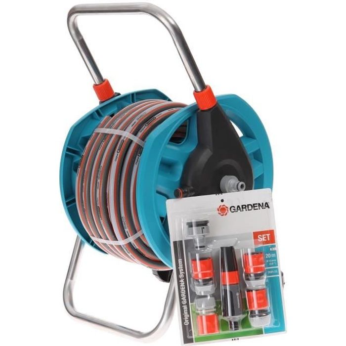 GARDENA Dévidoir portable équipé - Longueur 20m - Raccord anti-goutte - Kit complet tuyau d'arrosage - Garantie 5 ans (2691-20)
